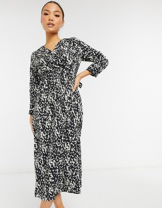 Vero Moda Petite wrap midi dress with tie waist in black and white splodge  print - ShopStyle