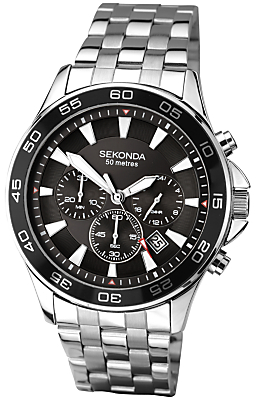 Sekonda 1047.27 Men's Chronograph Date Bracelet Strap Watch, Silver/Black