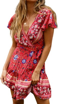Hertsen Women Wrap Summer Boho Floral Paisley Mini Print Dress Ladies Holiday Beach Dresses Wine Red