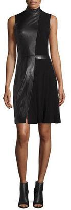 Thierry Mugler Sleeveless Mock-Neck Leather Combo Dress, Black