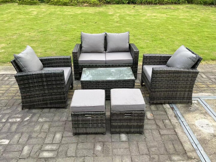 Fimous 6 Seater Dark Grey Mixed High Back Rattan Sofa Set Rectangular