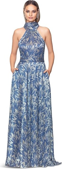 Betsy & Adam Long Crinkle Foil Mock Neck Women's Clothing Cobalt/Gold : 2, Polyester