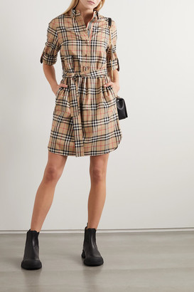 Burberry Net Sustain Belted Checked Cotton-blend Poplin Mini Dress