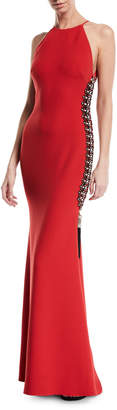 Badgley Mischka Couture Beaded-Side Zipper Slit High-Neck Gown
