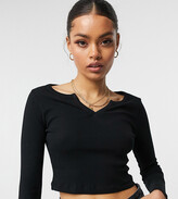 Thumbnail for your product : ASOS Petite DESIGN Petite long sleeve slim fit crop top with notch neck in black