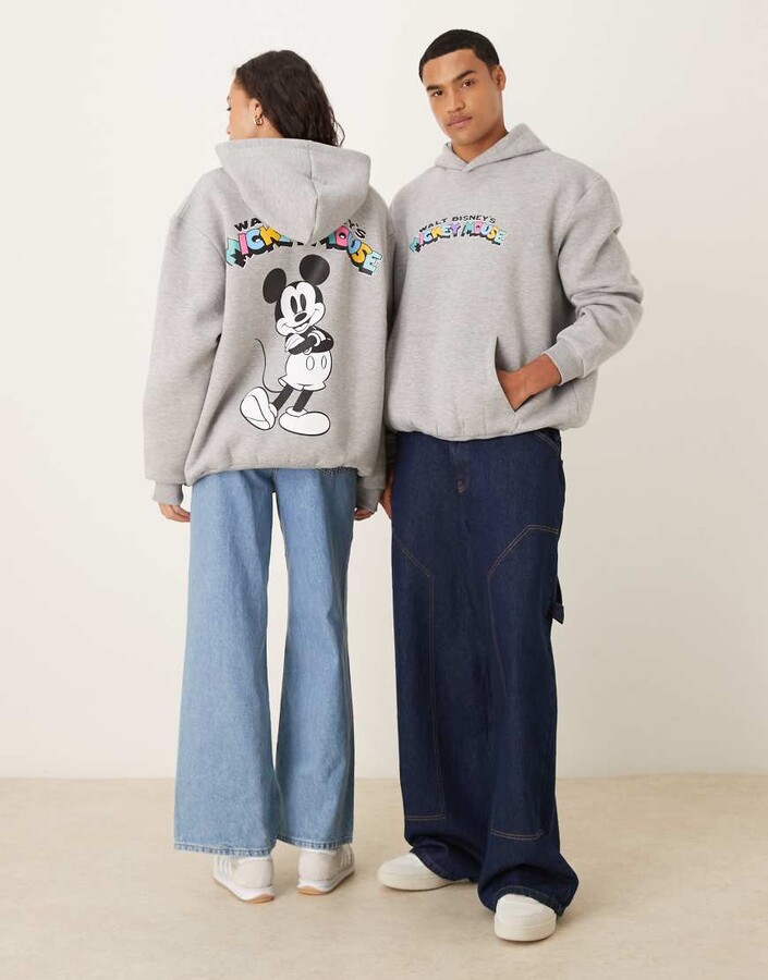 ASOS DESIGN Disney Unisex oversized scuba-style fabric hoodie with Mickey Mouse prints in gray