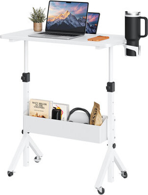 Latitude Run Mobile Standing Desk With Wheels, Adjustable Height (28.3? To 46.3?), Rolling Laptop Cart With Storage Basket, Cup Holder, And Computer Slot – Compact