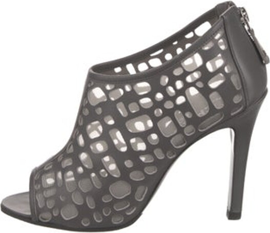 Chanel Leather Pumps By Karl Lagerfeld Grey & White Interlocking CC Logo Peep-Toes with Lasercut Accents Crossover Straps & Concealed Zip Closure at Ankles Includes Dust Bag Designer