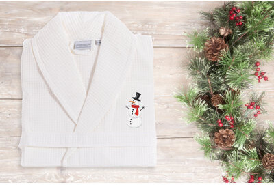 Snowman Embroidered Weave 100% Cotton Waffle Bathrobe