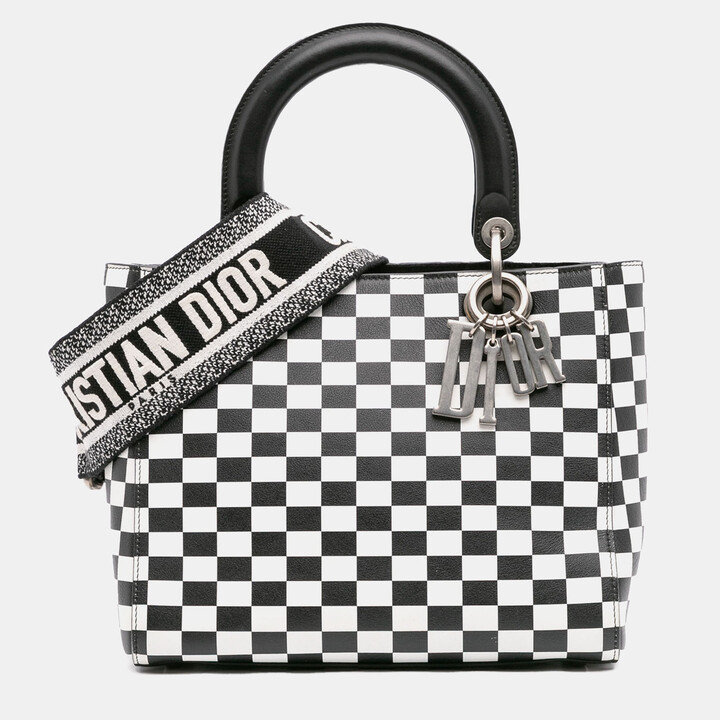 Christian Dior Black White Medium Calfskin Checkered Lady