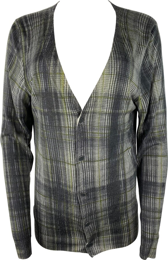 Bottega Veneta Grey And Green Cashmere And Silk Plaid Cardigan Sweater