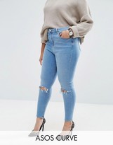 Thumbnail for your product : ASOS Curve CURVE High Waist Ridley Skinny Jeans in Mid Wash with Rips