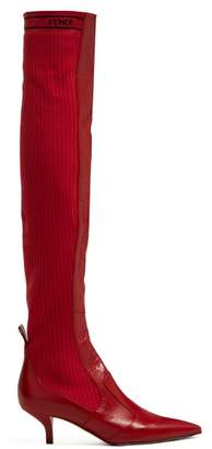 Fendi Rockoko Leather And Ribbed-knit Boots - Womens - Red