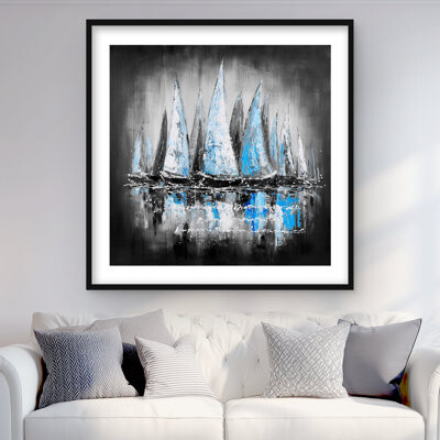 Lark Manor Blue Sailboats - Modern Framed Matted Print for Home Decor