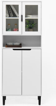 Tempered Glass Door Tall Storage Bookcase with adjustable board, 4 doors MDF painting finished cabinet, White, Living room Bedroom storage