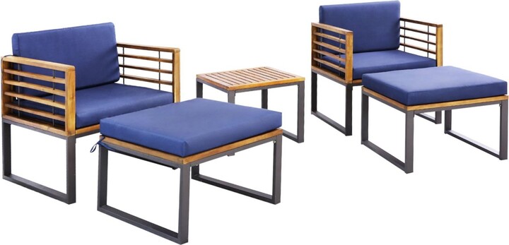 Slickblue 5 Piece Patio Acacia Wood Chair Set with Ottomans and Coffee Table-Navy