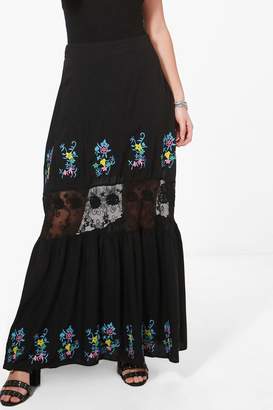 boohoo Petite Embroidered Lace Insert Tiered Maxi Skirt