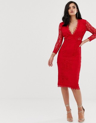lace long sleeve midi pencil dress