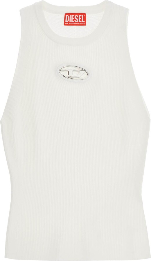 Diesel White Sleeveless Ribbed Viscose Top With Metallic Insert