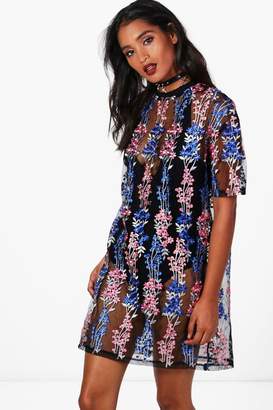 boohoo Holly Embroidered Mesh T-Shirt Dress