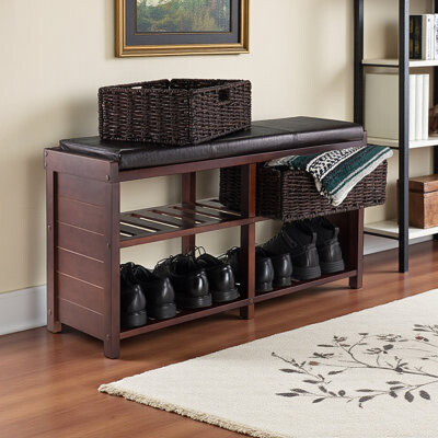 Wren Storage Bench with Seat Cushion and 2 Foldable Corn Husk Baskets, Espresso, Cappuccino, and Chocolate