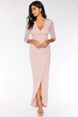 Quiz Blush Pink Sequin Lace 3/4 Sleeve Maxi Dress