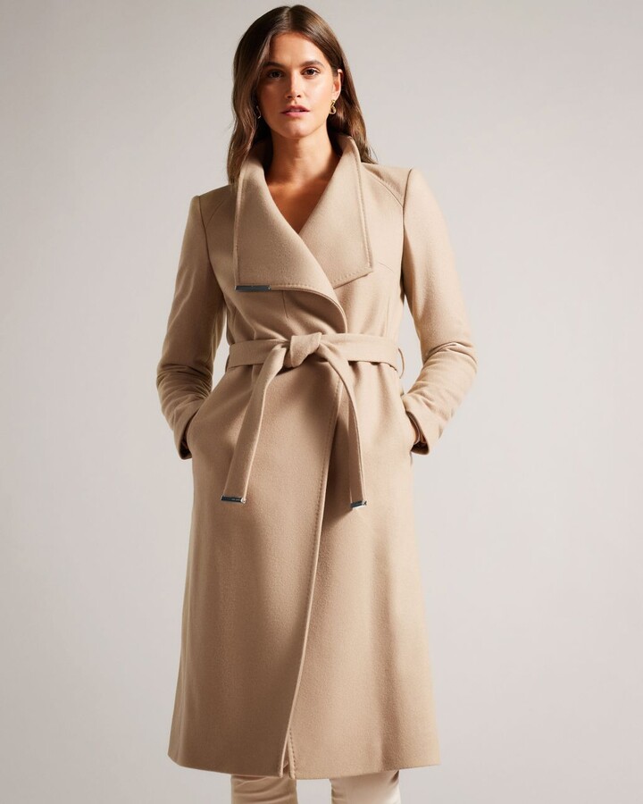camel wrap belted coat