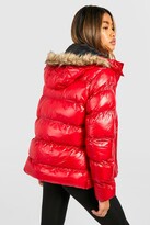 Thumbnail for your product : boohoo High Shine Hooded Padded Coat With Faux Fur Trim
