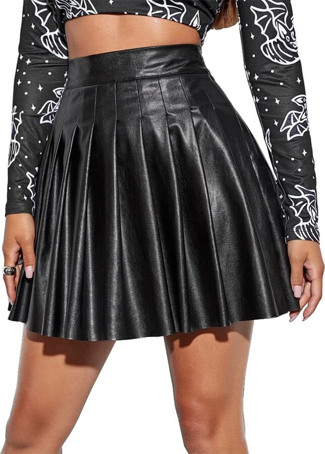 FYMNSI Women's PU Leather High Waist Pleated Mini Skirts Flared ALine