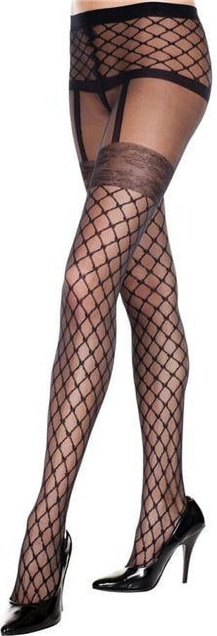 Music Legs Women’s Faux fence net garterbelt pantyhose 7229-BLACK