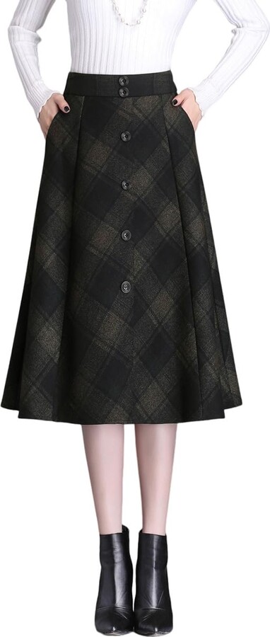 LWZDREAM Women's Winter Midi Skirts Tartan Wool Pockets Pleated High Waist  Lineds Swing Plaid Skirt (M - ShopStyle