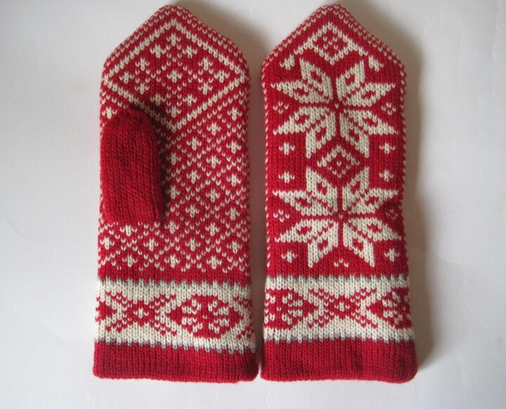 Women Two-Layer Knit Mittens Natural Merino Wool Yarn Scandinavian Classic Traditional Norwegian Selbu Pattern Safe Warm Soft For Hands