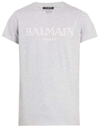 Balmain Logo Print Cotton T Shirt - Mens - Grey