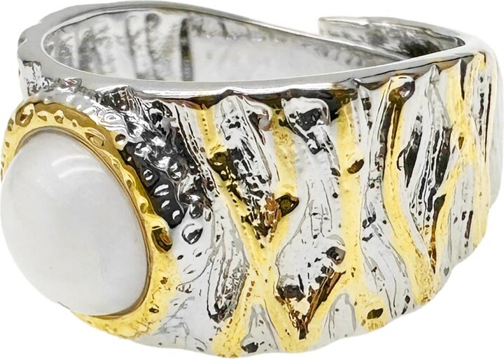 Farra Silver White Moonstone Platinum Plated Brass Adjustable Ring
