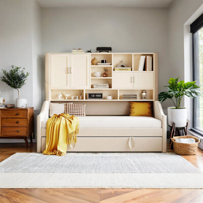 Double Bed Size Bed Frame, Soft-Pack Daybed With A Pull-Out Adjustable Double Mattress, Equipped With LED Armrest Lights, Storage Shelves, And Cabinet