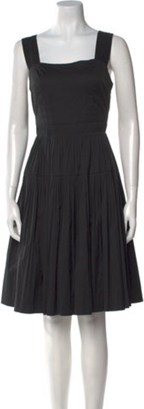 Strenesse A-Line Dress Black Pleated Accents Sleeveless with Square Neckline