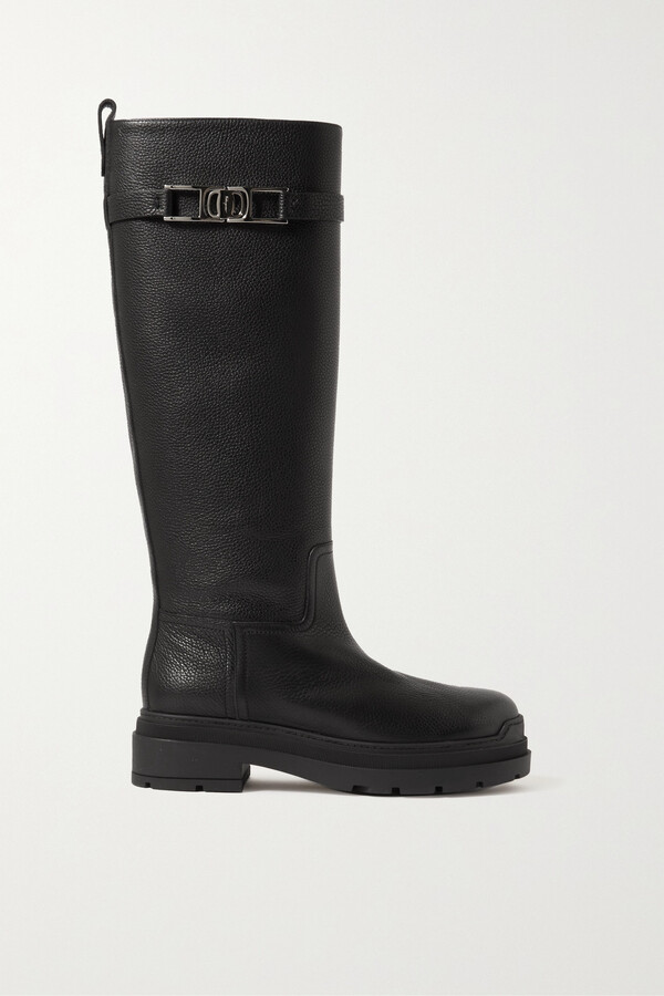 Ferragamo Ryder Embellished Textured-leather Knee Boots - Black
