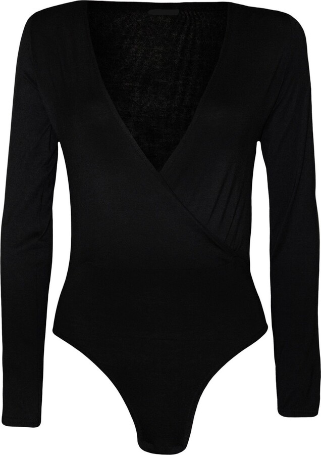 GirlzWalk ® Women Plain Wrap Over Plunge Long Sleeve Leotard Bodysuit Top 