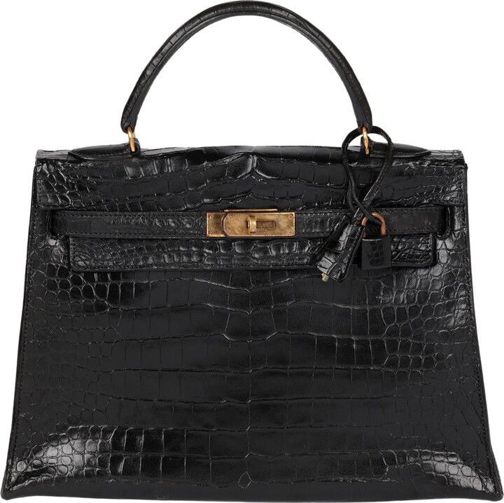 Hermes Black Shiny Porosus Crocodile Leather Vintage Kelly 32cm Sellier