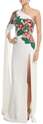 Elie Saab One-Shoulder Floral Bead-Embroidered Asymmetrical Evening Gown