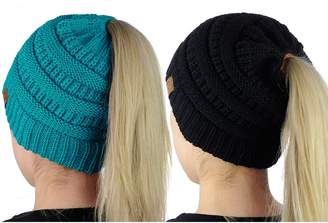 C.C BeanieTail Soft Stretch Cable Knit Messy High Bun Ponytail Beanie Hat, 2 Pack