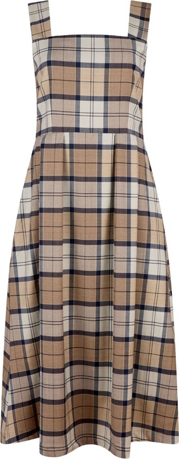 Numbat Brown / Grey / Blue Lavinia Pinafore Tartan Wool Midi Dress Beige Broun Navy