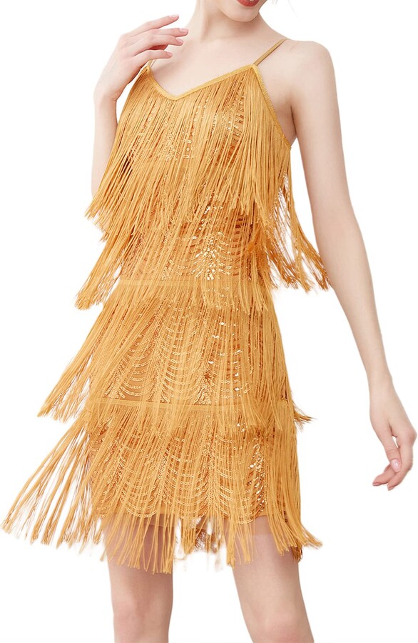 LUCSUN Women Sparkly Sequin Dress Sexy Bodycon Tiered Tassel Mini