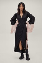 Thumbnail for your product : Nasty Gal Womens Fringe Sleeve Satin Wrap Midi Dress - Black - 10