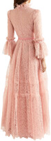 Thumbnail for your product : Costarellos Velvet-trimmed Ruffled Lace Gown