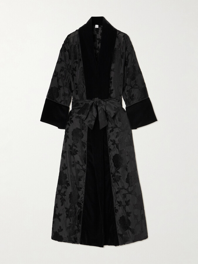 Loretta Caponi - Porzia Velvet-trimmed Fil Coupé Satin Robe - Black