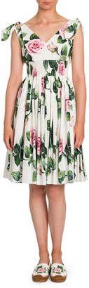 Dolce & Gabbana Rose Print Tie-Shoulder Fit-&-Flare Dress