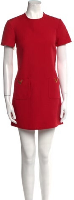 Valentino Virgin Wool Shift Dress Red Short Sleeve with Crew Neck Concealed Zip Closure at Back Designer