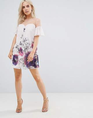 Little Mistress Petite Floral Printed Shift Dress With Fluted Sleeves