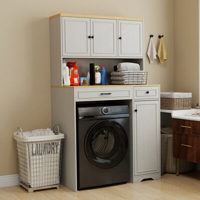 Ebern Designs Over The Washer And Dryer Storage Cabinet Suitable For Compact Washing Machines Laundry Room Storage Organizer With 1 Laundry Basket 4 Doors 1 Draw